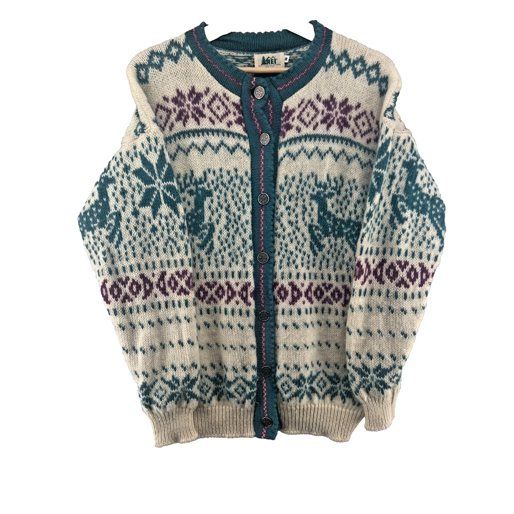 Vintage REI Nordic Wool Cardigan Sweater Womens M Deer Snowflake Fair Isle - Picture 2 of 8